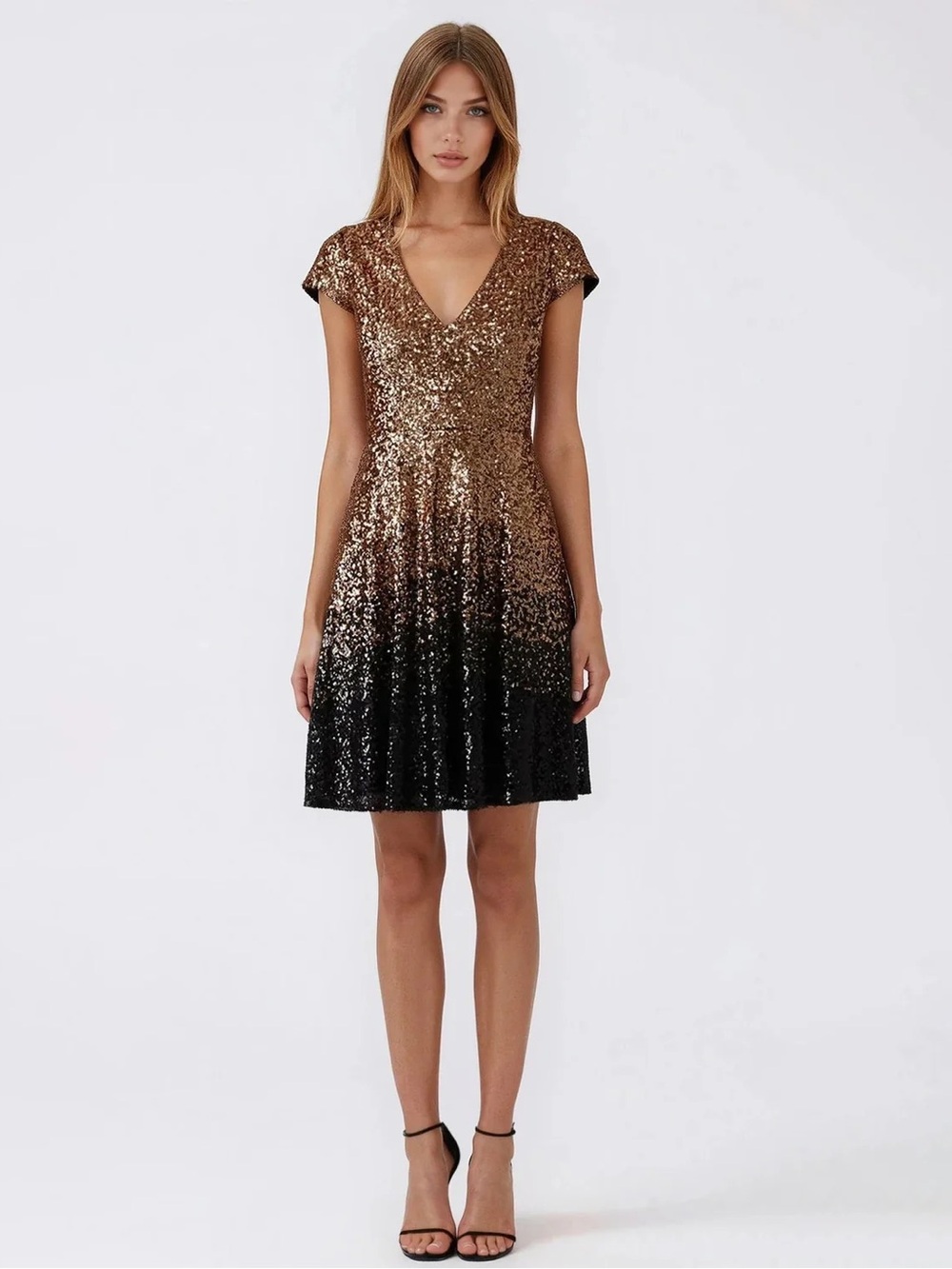 Badgley Mischka Gold-to-Black Sequin V-Neck Fit-and-Flare Dress
